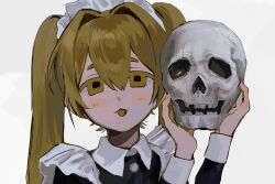 Rule 34 | 1girl, :o, black shirt, blonde hair, blush, collared shirt, dot nose, hair between eyes, hair intakes, hands up, highres, holding, holding skull, inu dakisime, long hair, long sleeves, looking at viewer, maid, maid headdress, open mouth, original, portrait, shirt, sidelocks, simple background, skull, solo, straight-on, white background, yellow eyes