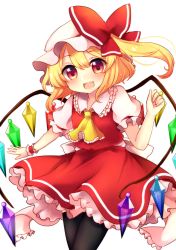 Rule 34 | 1girl, ascot, black thighhighs, blonde hair, bow, fang, flandre scarlet, hat, hat bow, highres, mob cap, open mouth, red eyes, ruhika, sash, side ponytail, solo, thighhighs, touhou, wings, wrist cuffs