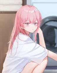 Rule 34 | 1girl, absurdres, closed mouth, crossed bangs, elbow rest, highres, indoors, inui sajuna, long hair, looking at viewer, looking to the side, pink hair, purple eyes, shirt, solo, sono bisque doll wa koi wo suru, squatting, t-shirt, washing machine, white shirt, yuyu kanae
