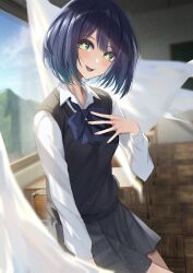 Rule 34 | 1girl, absurdres, amane sora, aqua eyes, black sweater vest, blue bow, blue bowtie, blue hair, blurry, blurry background, blush, bow, bowtie, classroom, collared shirt, commentary request, desk, grey skirt, hair between eyes, hand on own chest, highres, indoors, kurokawa akane, leaning on table, light particles, long sleeves, looking at viewer, open mouth, oshi no ko, partial commentary, pleated skirt, school desk, school uniform, shirt, short hair, skirt, solo, star-shaped pupils, star (symbol), sweater vest, symbol-shaped pupils, upper body, white shirt, window