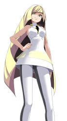Rule 34 | 1girl, :3, bare arms, blonde hair, breasts, closed mouth, creatures (company), dress, from below, full body, game freak, green eyes, hand on own hip, highres, long hair, looking at viewer, looking down, lusamine (pokemon), medium breasts, nintendo, pants, pokemon, pokemon sm, short dress, simple background, sleeveless, sleeveless dress, smile, solo, standing, tsukishiro saika, very long hair, white background, white dress, white pants