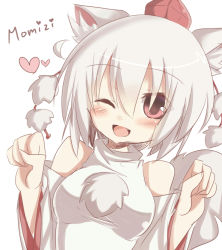 Rule 34 | 1girl, animal ears, bare shoulders, blush, breasts, character name, detached sleeves, fang, hat, heart, inubashiri momiji, kunreishiki, looking at viewer, one eye closed, open mouth, otowa (otoha4634), paw pose, pom pom (clothes), red eyes, romaji text, short hair, silver hair, simple background, solo, tail, tokin hat, touhou, white background, wolf ears, wolf tail