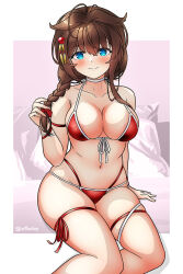 Rule 34 | 1girl, ahoge, arthur ko, bikini, blue eyes, blush, breasts, brown hair, choker, cleavage, closed mouth, collarbone, commentary request, feet out of frame, groin, hair between eyes, hair flaps, highres, kantai collection, large breasts, long hair, navel, red bikini, shigure (kancolle), shigure kai san (kancolle), smile, solo, swimsuit, twitter username, white choker