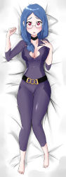 Rule 34 | 10s, 1girl, 2017, absurdres, blue hair, blush, breasts, cameltoe, cleavage, collarbone, dakimakura (medium), full body, glasses, highres, large breasts, little witch academia, open mouth, pandavenger, red eyes, self-upload, simple background, skin tight, teacher, ursula callistis, white background