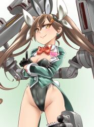 Rule 34 | 1girl, alternate costume, animal ears, black gloves, black leotard, bow, bowtie, bridal garter, brown hair, coattails, cowboy shot, crossed arms, detached collar, gloves, green jacket, hair between eyes, hair ribbon, jacket, kantai collection, leotard, long hair, machinery, playboy bunny, rabbit ears, rabbit tail, red bow, red bowtie, ribbon, simple background, solo, strapless, strapless leotard, suit jacket, tail, tone (kancolle), torpedo launcher, twintails, udukikosuke, white background, wrist cuffs