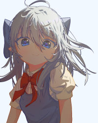 Rule 34 | 1girl, ayaxno, blue dress, blue eyes, blue hair, blush, bow, bowtie, cirno, closed mouth, commentary request, dress, eyebrows hidden by hair, hair between eyes, highres, light smile, long hair, looking at viewer, pointy ears, red bow, red bowtie, simple background, solo, touhou, white background