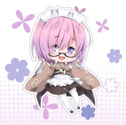 Rule 34 | 1girl, :d, alternate costume, apron, black-framed eyewear, black footwear, blush, breasts, brown kimono, brown skirt, chibi, commentary request, eyes visible through hair, fate/grand order, fate (series), frilled apron, frills, hair over one eye, halftone, halftone background, japanese clothes, kimono, large breasts, long sleeves, looking at viewer, maid, maid headdress, mash kyrielight, milkpanda, open mouth, pink hair, round teeth, semi-rimless eyewear, short kimono, skirt, smile, solo, teeth, thighhighs, under-rim eyewear, upper teeth only, wa maid, waist apron, white apron, white thighhighs, wide sleeves