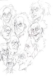 Rule 34 | 1boy, :d, back to the future, bandaid, bandaid on face, bandaid on forehead, closed mouth, commentary, emmett brown, expressions, goggles, goggles on head, grin, highres, looking at viewer, male focus, murata yuusuke, old, old man, open mouth, profile, scan, sketch, smile