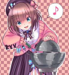 Rule 34 | 1girl, beret, blue eyes, blush, bow, bowtie, brooch, brown hair, cardigan, center frills, checkered background, commentary, cowboy shot, demon core, frills, hair ornament, hat, hat pin, heart, holding, holding screwdriver, jewelry, leaning forward, medium hair, musical note, nijisanji, nuclear weapon, open mouth, pink cardigan, plutonium, screwdriver, shirt, skirt, sleeves past wrists, smile, solo, speech bubble, spoken musical note, star (symbol), striped bow, striped clothes, striped skirt, suzuhara lulu, tooi aoiro, vertical-striped clothes, vertical-striped skirt, virtual youtuber, weapon of mass destruction, white shirt, x hair ornament