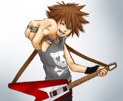 Rule 34 | guitar, instrument, kingdom hearts, pointing, smile, sora (kingdom hearts), spiked hair
