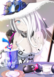 Rule 34 | 10s, 1girl, abyssal ship, arm at side, bare shoulders, black gloves, blue eyes, breasts, cleavage, colored skin, cup, dress, drink, drinking, drinking glass, drinking straw, flower, gloves, hair over one eye, hair over shoulder, hat, hat flower, heart, heart-shaped pupils, highres, kantai collection, kuroame (kurinohana), large breasts, long hair, looking at viewer, seaport summer princess, sitting, solo, sun hat, sundress, symbol-shaped pupils, table, white dress, white hair, white hat, white skin