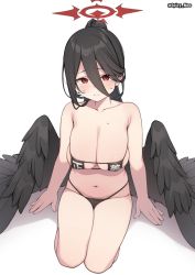 Rule 34 | 1girl, alternate costume, bare arms, bare legs, bare shoulders, bikini, black bikini, black hair, black wings, blue archive, blush, breasts, cleavage, closed mouth, feathered wings, feathers, hair between eyes, hair bun, hasumi (blue archive), highres, large breasts, large wings, long hair, looking at viewer, micro bikini, mole, mole under eye, navel, red eyes, seiza, simple background, sitting, skindentation, solo, spicy moo, spread wings, sweat, swimsuit, thighs, white background, wings
