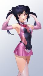 Rule 34 | 1girl, absurdres, black hair, blunt bangs, blush, breasts, covered navel, elbow gloves, gloves, highres, leotard, long hair, looking at viewer, nyanmaru, open mouth, pink eyes, pink leotard, senki zesshou symphogear, shiny skin, skin tight, skirt, small breasts, solo, standing, sweat, thighhighs, tsukuyomi shirabe, twintails