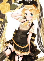 Rule 34 | 1girl, absurdres, belt, blonde hair, blue eyes, blush, bow, breasts, detached collar, gloves, hair bow, highres, holster, kagamine rin, musical note, necktie, short hair, skirt, sleeveless, solo, standing, strap, thigh holster, thighhighs, vocaloid, waistcoat