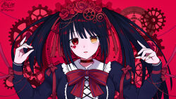 Rule 34 | 1girl, :o, absurdres, black dress, black hair, clock eyes, date a live, date a live: date a bullet, dress, gears, heterochromia, highres, jewelry, lolita fashion, long sleeves, nail polish, open mouth, puffy sleeves, red eyes, ring, roman numeral, solo, symbol-shaped pupils, tokisaki kurumi, trihprstyo, twintails, two-tone dress, upper body