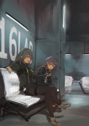 Rule 34 | 0shino, 2girls, absurdres, black legwear, black ribbon, blush, brown footwear, brown hair, commentary request, embarrassed, full body, girls&#039; frontline, gloves, grey hair, hair between eyes, hair ornament, hair ribbon, highres, holding, id card, indoors, jacket, lights, long hair, looking at another, miniskirt, multiple girls, one side up, open clothes, open jacket, open mouth, orange eyes, pantyhose, ribbon, shirt, sitting, skirt, smile, symbol-shaped pupils, thigh strap, ump40 (girls&#039; frontline), ump45 (girls&#039; frontline), yellow eyes