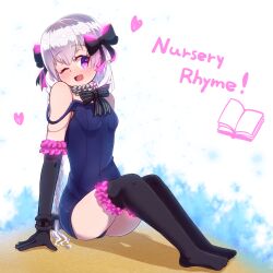 Rule 34 | 1girl, ;d, absurdres, black bow, black gloves, black thighhighs, blue one-piece swimsuit, blush, bow, braid, breasts, character name, commentary request, doll joints, elbow gloves, fate/grand order, fate (series), frilled gloves, frilled thighhighs, frills, full body, gloves, grey hair, hair between eyes, hair bow, heart, highres, joints, knees up, long hair, no shoes, nursery rhyme (summer little) (fate), old school swimsuit, one-piece swimsuit, one eye closed, open mouth, purple eyes, school swimsuit, sitting, small breasts, smile, solo, strap slip, swimsuit, thighhighs, very long hair, white bow, yuya090602