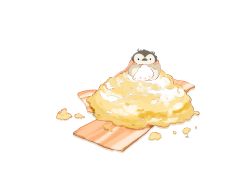 Rule 34 | artist name, bacon, bird, chai (drawingchisanne), commentary request, egg (food), food, food focus, hat, highres, looking at viewer, no humans, original, penguin, scarf, scrambled egg, simple background, sitting on food, white background