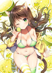 Rule 34 | 1girl, ;), animal ear fluff, animal ears, antenna hair, arm support, asymmetrical legwear, bare shoulders, bikini, blush, breasts, brown hair, cat ears, cat girl, cat tail, cleavage, closed mouth, collarbone, commentary request, food, fruit, green bikini, green eyes, green thighhighs, groin, hair between eyes, head tilt, holding, holding food, hood, hood down, hooded jacket, jacket, large breasts, lime (fruit), lime slice, long hair, long sleeves, looking at viewer, mauve, mismatched legwear, navel, no shoes, off shoulder, one eye closed, open clothes, open jacket, original, polka dot, polka dot bikini, sitting, smile, solo, striped clothes, striped thighhighs, swimsuit, tail, thighhighs, very long hair, white background, yellow jacket