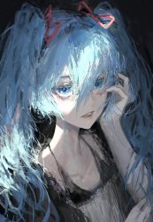 Rule 34 | 1girl, aqua hair, black background, black dress, blue eyes, close-up, commentary, dress, eye focus, hair between eyes, hair over shoulder, half-closed eyes, hand up, hatsune miku, highres, lips, looking at viewer, messy hair, painterly, parted lips, portrait, rsef, solo, twintails, upper body, vocaloid