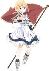 Rule 34 | 1girl, arm guards, armor, armored boots, blonde hair, boots, brooch, cross, dress, flag, full body, gem, hair ornament, hairclip, jewelry, joan of arc (last summoner), last summoner, looking at viewer, necklace, official art, palms, pole, short hair, smile, solo, transparent background, walking, white dress
