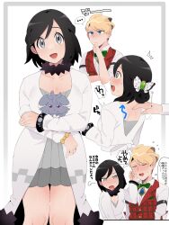 2boys :d black_hair blonde_hair blue_eyes bracelet calem_(pokemon) closed_mouth coat commentary_request cosplay creatures_(company) crossdressing dress espurr game_freak gen_6_pokemon grey_dress grey_eyes hair_ornament hand_on_own_chin hand_up highres holding holding_pokemon jewelry long_sleeves male_focus multiple_boys nintendo official_alternate_costume open_clothes open_coat open_mouth pleated_dress pokemon pokemon_(creature) pokemon_xy sana_(37pisana) short_hair siebold_(holiday_2019)_(pokemon) siebold_(pokemon) smile stroking_own_chin viola_(holiday_2023)_(pokemon) viola_(pokemon) viola_(pokemon)_(cosplay) white_background white_coat