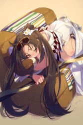 Rule 34 | 1girl, bikini, blush, brown eyes, brown hair, commentary request, couch, crying, crying with eyes open, earrings, echo (circa), eyewear on head, fang, fate/grand order, fate (series), glasses, holding, holding spear, holding weapon, jewelry, long hair, lying, one eye closed, open mouth, polearm, robe, side-tie bikini bottom, solo, spear, sunglasses, swimsuit, tears, twintails, twitter username, very long hair, weapon, yu mei-ren (fate), yu mei-ren (swimsuit lancer) (fate)