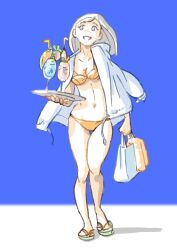 Rule 34 | 1girl, absurdres, bag, bikini, blue background, breasts, cleavage, cocktail, cocktail glass, collarbone, cup, drinking glass, drinking straw, grey hair, highres, holding, holding bag, holding tray, jacket, kon osm, medium breasts, medium hair, navel, open clothes, open jacket, orange bikini, original, shadow, simple background, slippers, smile, solo, swimsuit, swimsuit under clothes, tray, walking, white background, white jacket