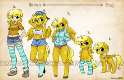 Rule 34 | 1girl, animal ears, aqua eyes, arrow (symbol), artist name, backwards hat, baseball cap, belt, blonde hair, breasts, buruma, cleavage, commission, cutie mark, english text, furry, furry female, hands in pockets, hat, highres, hooves, horns, horse girl, jacket, large breasts, looking at viewer, midriff, my little pony, my little pony: friendship is magic, navel, original, pegasus, personification, pigeon-toed, pony (animal), shepherd0821, shorts, single horn, smile, standing, striped clothes, striped thighhighs, tank top, thighhighs, ticket (character), unicorn, wings, zettai ryouiki