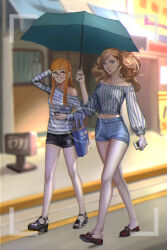 Rule 34 | 2girls, absurdres, alternate costume, bag, big (cs78), black shorts, blonde hair, blue eyes, blurry, blurry background, blush, breasts, brown eyes, casual, collarbone, day, denim, denim shorts, digital media player, earphones, full body, glasses, highres, holding, holding bag, holding digital media player, holding phone, holding umbrella, long hair, looking at viewer, medium breasts, midriff, multiple girls, navel, off-shoulder shirt, off shoulder, orange hair, outdoors, parted lips, persona, persona 5, phone, red nails, sakura futaba, shirt, shoes, short shorts, shorts, sidewalk, single bare shoulder, small breasts, straight hair, striped clothes, striped shirt, takamaki anne, twintails, umbrella, viewfinder, walking