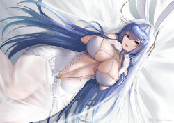Rule 34 | 1girl, :3, :p, absurdly long hair, absurdres, animal ears, azur lane, bare shoulders, blue eyes, blue hair, breasts, bridal veil, center opening, cleavage, collarbone, commentary, dress, elbow gloves, fake animal ears, gloves, hair between eyes, hair ornament, hair spread out, hands up, highres, irkawaza, large breasts, long hair, looking at viewer, lying, new jersey (azur lane), new jersey (snow-white ceremony) (azur lane), official alternate costume, on back, rabbit ears, see-through, see-through dress, shadow, sidelocks, smile, solo, star (symbol), star hair ornament, stomach, tongue, tongue out, twitter username, veil, very long hair, wedding dress, white dress, white gloves