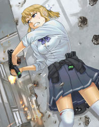 Rule 34 | 1girl, blind fire, blonde girl (itou), blonde hair, blood, blue eyes, bra, breasts, brown hair, bullet hole, casing ejection, cleavage, clenched teeth, clothes around waist, debris, face, female focus, firing, foreshortening, grimace, gun, hair ribbon, holding, holding gun, holding weapon, injury, itou (onsoku tassha), lingerie, machine pistol, magazine (weapon), muzzle flash, original, popped button, purple eyes, ribbon, sandbag, school uniform, serafuku, shell casing, shiny skin, shirt, shirt tucked in, short hair, skindentation, skorpion vz. 61, sleeves rolled up, solo, submachine gun, sweat, sweater, sweater around waist, teeth, thighhighs, tied shirt, torn clothes, unbuttoned, underwear, weapon, zettai ryouiki