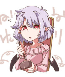 Rule 34 | 1girl, absurdres, bat wings, black wings, bowl, chopsticks, gokuu (acoloredpencil), highres, holding, holding bowl, holding chopsticks, long sleeves, looking at viewer, no headwear, open mouth, purple hair, red eyes, remilia scarlet, short hair, solo, touhou, upper body, white background, wings