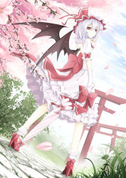 Rule 34 | 1girl, bat wings, blue hair, blue sky, cherry blossoms, closed umbrella, cloud, cloudy.r, dress, elbow gloves, female focus, flower, gloves, hat, hat ribbon, high heels, highres, looking at viewer, looking back, petals, pink eyes, puffy sleeves, pumps, red eyes, red footwear, remilia scarlet, ribbon, sash, shoes, short sleeves, sky, slit pupils, solo, torii, touhou, tree, umbrella, white dress, white gloves, wings
