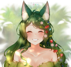 Rule 34 | 1girl, animal ear fluff, animal ears, artist name, blush, breasts, cherry hair ornament, closed eyes, collarbone, commentary, commission, deviantart logo, dress, face, flower, food-themed hair ornament, fox ears, green dress, grin, hair flower, hair ornament, hairclip, highres, instagram logo, large breasts, leaf hair ornament, long hair, original, puppypaww, smile, solo, strawberry hair ornament, twitter logo