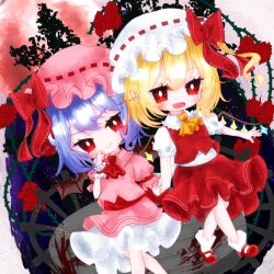 Rule 34 | 2girls, ascot, blonde hair, chibi, clip studio paint (medium), closed mouth, english text, feet out of frame, flandre scarlet, floral background, flower, frilled sleeves, frills, full body, gyokuro (maposo140203), hat, looking at viewer, making-of available, mary janes, mob cap, multicolored wings, multiple girls, open mouth, pink headwear, pink shirt, pink skirt, puffy short sleeves, puffy sleeves, purple hair, red ascot, red eyes, red flower, red footwear, red ribbon, red rose, red skirt, red vest, remilia scarlet, ribbon, ribbon-trimmed headwear, ribbon trim, rose, rose background, shirt, shoes, short sleeves, siblings, sisters, skirt, skirt set, smile, socks, touhou, v-shaped eyebrows, vest, white background, white headwear, white shirt, white socks, wings, wrist cuffs, yellow ascot