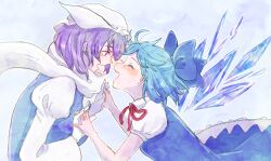 Rule 34 | 2girls, blue dress, blue hair, blush, bow, cirno, closed eyes, dress, gloves, hat, holding hands, ice, ice wings, letty whiterock, multiple girls, open mouth, purple eyes, purple hair, r18ankou, scarf, short hair, touhou, white gloves, wings