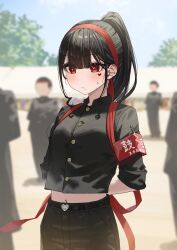 1girl 2boys 2others armband belt black_belt black_hair black_pants black_shirt blurry blurry_background blush brooch closed_mouth commentary_request day depth_of_field enokawa_kokoro_(hara_kenshi) facial_mark hara_kenshi heart heart_brooch heart_facial_mark heart_in_eye highres jewelry long_hair midriff mole mole_under_mouth multiple_boys multiple_others navel original outdoors pants ponytail red_eyes safety_pin shirt sweat symbol_in_eye