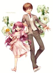 Rule 34 | 1boy, 1girl, :d, alternate costume, blush, bouquet, brown eyes, brown hair, brown pants, brown suit, chi no, child, commentary, copyright name, dress, dress shirt, eyes visible through hair, floating clothes, floating hair, floral background, flower, formal, frilled dress, frills, full body, grey eyes, hair between eyes, hands up, happy, high heels, highres, holding, holding bouquet, holding hands, katou umi, long hair, long sleeves, looking at another, looking at viewer, necktie, open mouth, pants, pink dress, purple hair, red necktie, see-through, see-through dress, shirt, short hair, short sleeves, simple background, smile, standing, standing on one leg, suit, summer pockets, takahara hairi, teeth, two side up, upper teeth only, very long hair, white background, white flower, white footwear, white shirt, yellow flower