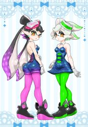 Rule 34 | 2girls, ankle boots, bare shoulders, black footwear, black hair, blue dress, blue jumpsuit, boots, bow-shaped hair, breasts, callie (splatoon), cleavage, cousins, covered navel, cross-shaped pupils, detached collar, dress, earrings, food, food on head, gloves, gradient hair, green hair, green pantyhose, grey hair, highres, inkling, jewelry, jumpsuit, koharu2.5, marie (splatoon), medium breasts, multicolored hair, multiple girls, nintendo, object on head, pantyhose, pink pantyhose, pointy ears, purple hair, red pupils, short dress, short eyebrows, short jumpsuit, splatoon (series), splatoon 1, strapless, strapless dress, symbol-shaped pupils, tentacle hair, two-tone hair, white gloves, yellow eyes