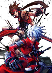 Rule 34 | 2boys, arc system works, belt, blazblue, blue hair, brown hair, company connection, fingerless gloves, gloves, green eyes, guilty gear, hairband, heterochromia, male focus, multiple boys, ragna the bloodedge, red eyes, short hair, sol badguy, sowel (sk3), sword, weapon, white background, yellow eyes