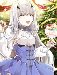 Rule 34 | 1girl, ascot, blue dress, breasts, christmas tree, dress, melusine (fate), melusine (second ascension) (fate), fate/grand order, fate (series), food, forked eyebrows, highres, ice cream, jewelry, kino kokko, long hair, long sleeves, neck ring, open mouth, sidelocks, small breasts, smile, solo, spoon, white hair