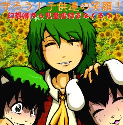 Rule 34 | 3girls, animal ears, ascot, black hair, blush, cat ears, cat girl, chen, closed eyes, false smile, female focus, field, flower, flower field, green hair, hand on another&#039;s head, hat, inaba tewi, irony, kazami yuuka, multiple girls, necktie, nervous, open mouth, photo background, plaid, plaid vest, portrait, propaganda, rabbit ears, red eyes, scared, sho (pixiv), sho (shirojiro kuroguro), smile, sunflower, sunflower field, sweat, tears, touhou, translation request, turn pale, vest, you gonna get raped