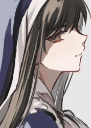 Rule 34 | 1girl, assault lily, brown eyes, brown hair, closed mouth, commentary, from side, grey background, habit, hair between eyes, half-closed eyes, highres, izumi rosa rina, long hair, looking at viewer, looking to the side, nun, portrait, profile, sideways glance, simple background, sketch, solo, tareko, traditional nun, veil