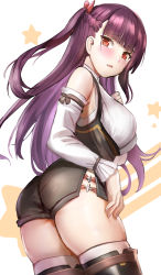 Rule 34 | 1girl, ass, black shorts, blush, boots, breasts, detached sleeves, girls&#039; frontline, hair ribbon, himonoata, large breasts, long hair, looking at viewer, one side up, open mouth, purple hair, red eyes, red ribbon, ribbon, shirt, shorts, skindentation, skirt, solo, suspender shorts, suspenders, thigh boots, thighhighs, twisted torso, very long hair, wa2000 (girls&#039; frontline), white shirt, white thighhighs