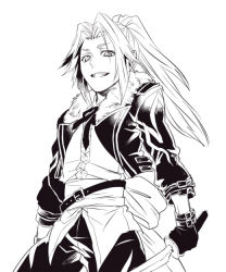 Rule 34 | 1boy, belt, coat, gloves, grin, ivar (tales), long hair, male focus, miho (mi), monochrome, ponytail, smile, solo, sword, tales of (series), tales of xillia, tales of xillia 2, weapon, white background