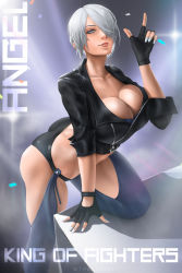 Rule 34 | 1girl, angel (kof), ass, black gloves, blue eyes, breasts, clothes, female focus, finger gun, fingerless gloves, gloves, hair over one eye, highres, looking at viewer, short hair, simple background, snk, solo, the king of fighters, thighs, white hair, wtparadise