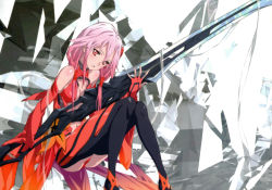 Rule 34 | 10s, 1girl, absurdres, ass, bare shoulders, breasts, cameltoe, center opening, detached sleeves, female focus, guilty crown, highres, holding, holding weapon, knees up, long hair, looking at viewer, low twintails, medium breasts, multicolored hair, navel, nose, official art, parted lips, pink hair, red eyes, sitting, solo, sword, thighhighs, twintails, weapon, yuzuriha inori