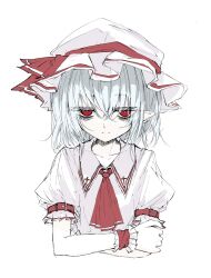 Rule 34 | 1girl, aizettonagi, cropped torso, dress, flat chest, grey hair, half-closed eyes, hat, highres, looking at viewer, medium hair, mob cap, red eyes, remilia scarlet, simple background, solo, touhou, upper body, white background, white dress