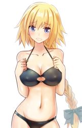 Rule 34 | 1girl, bikini, blonde hair, blue eyes, blush, braid, breast suppress, breasts, cleavage, covered erect nipples, fate/apocrypha, fate (series), female focus, grin, hair ribbon, jeanne d&#039;arc (fate), jeanne d&#039;arc (ruler) (fate), large breasts, long hair, looking at viewer, navel, o-ring, o-ring top, parted lips, ponytail, purple eyes, rain (nadroj31), ribbon, simple background, single braid, smile, solo, swimsuit, very long hair